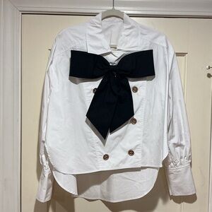 NWOT Edward Achour Cotton White Blouse with Black Bow, Size FR 38 = M